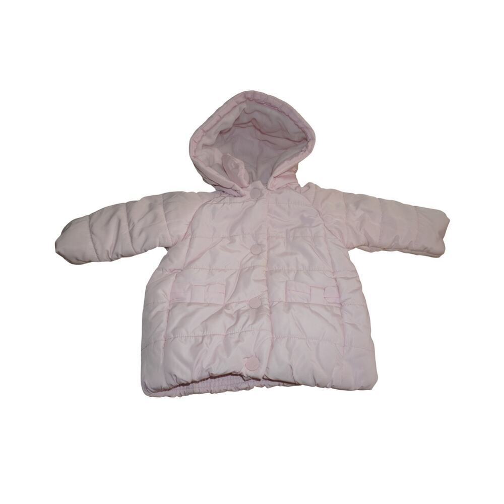 Jacadi Paris Baby Puffer Coat 12M Pink Quilted Hooded Winter Jacket Fleece Lined